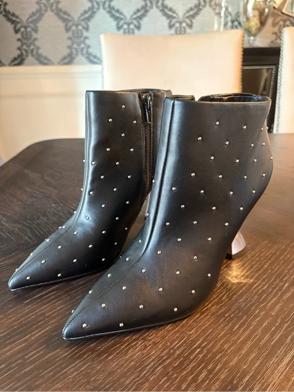 Katy Perry Black Studded Pointed Toe Ankle Booties with Metallic Heel‎ size 8.5M